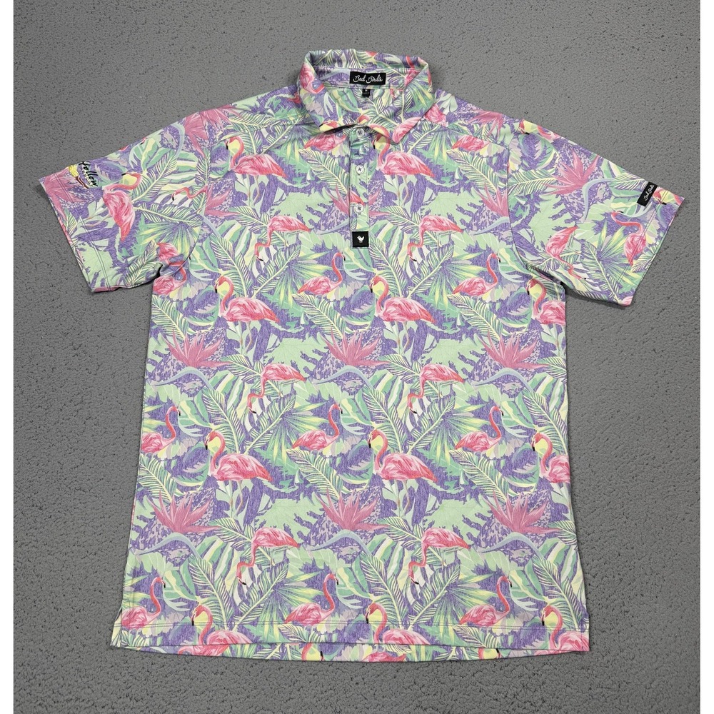 Bad Birdie Polo Shirt Mens Medium Pink Flamingo Print Golf Performance Stretch